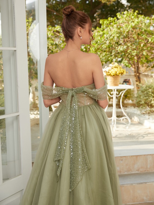 A-Line/Princess Tulle Ruched Off-the-Shoulder Sleeveless Court Train Dresses 5346