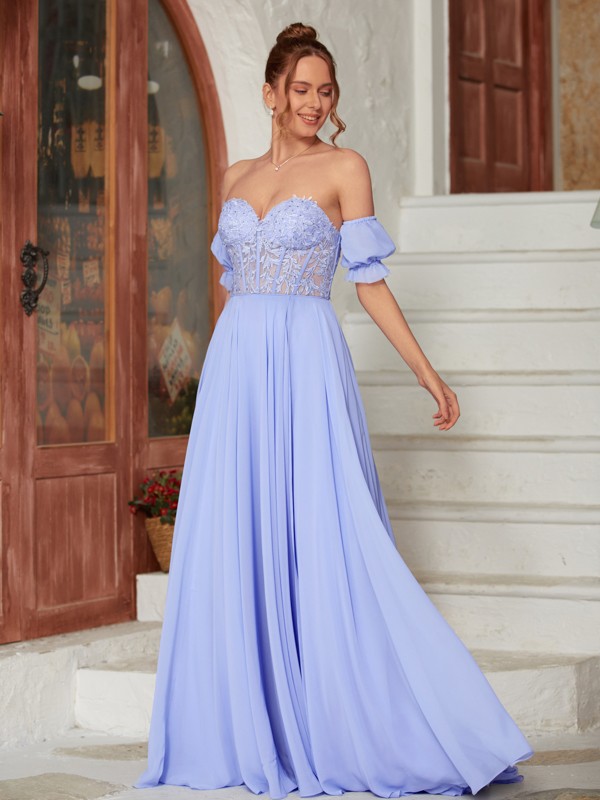 A-Line/Princess Chiffon Lace Sweetheart Short Sleeves Floor-Length Dresses 3469