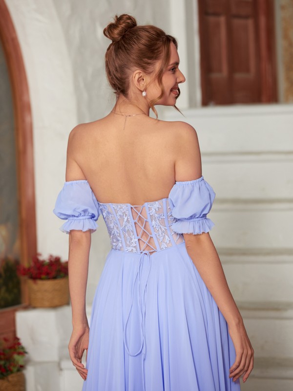 A-Line/Princess Chiffon Lace Sweetheart Short Sleeves Floor-Length Dresses 3469