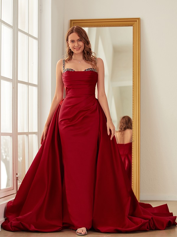 Sheath/Column Satin Ruched Spaghetti Straps Sleeveless Chapel Train Dresses 6308