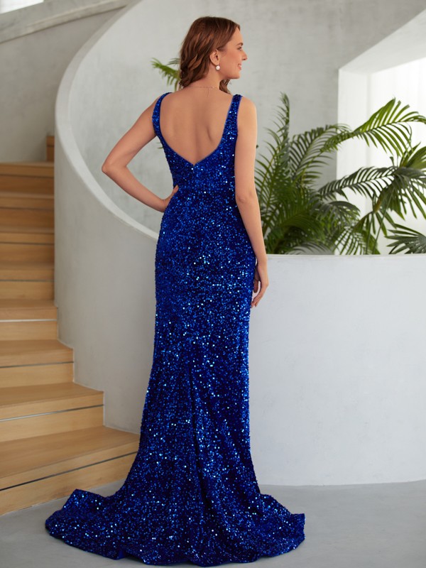 Sheath/Column Velvet Sequins V-neck Sleeveless Sweep/Brush Train Dresses 6991