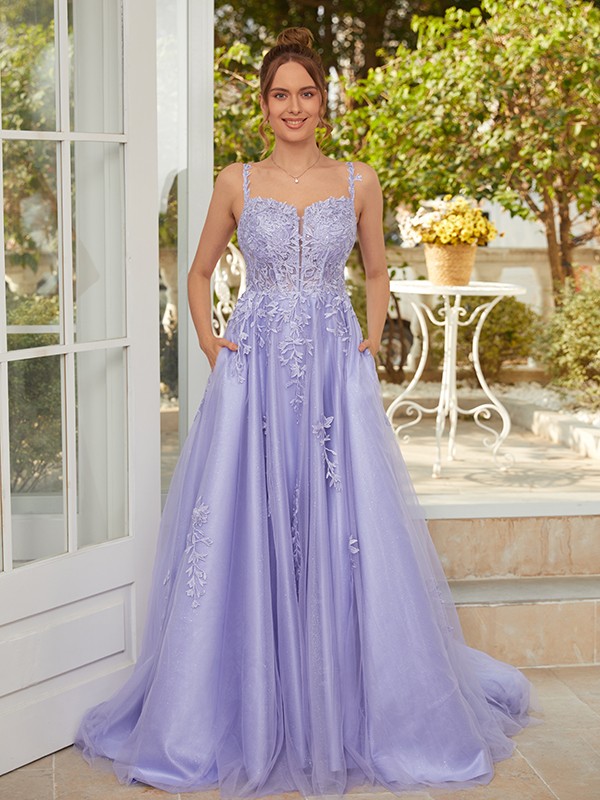 A-Line/Princess Tulle Applique Straps Sleeveless Court Train Dresses 5190