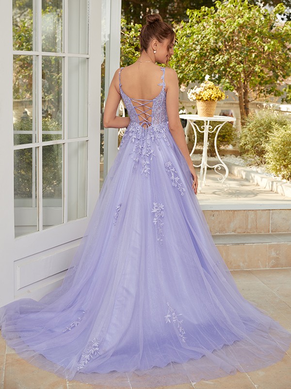 A-Line/Princess Tulle Applique Straps Sleeveless Court Train Dresses 5190