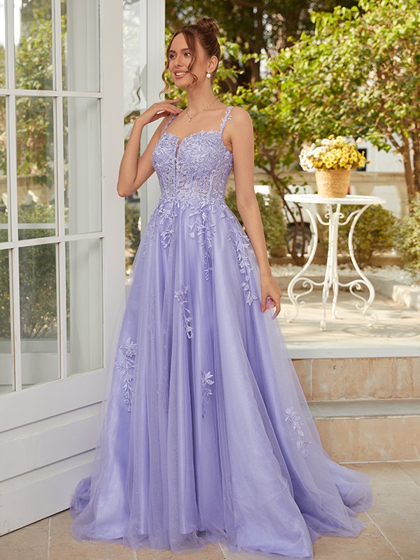 A-Line/Princess Tulle Applique Straps Sleeveless Court Train Dresses 5190