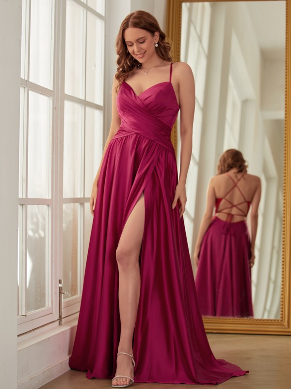 A-Line/Princess NS Elastic Woven Satin Ruched V-neck Sleeveless Sweep/Brush Train Dresses 3782