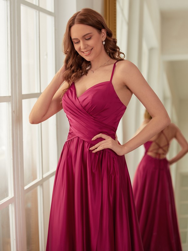 A-Line/Princess NS Elastic Woven Satin Ruched V-neck Sleeveless Sweep/Brush Train Dresses 3782