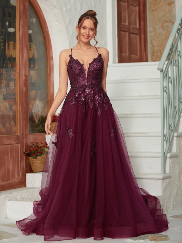 A-Line/Princess Tulle Applique V-neck Sleeveless Court Train Dresses 5207