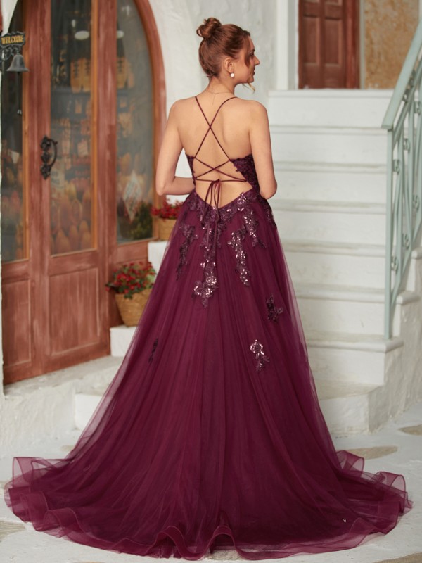 A-Line/Princess Tulle Applique V-neck Sleeveless Court Train Dresses 5207