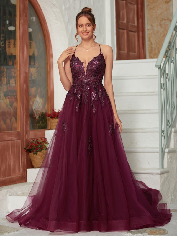 A-Line/Princess Tulle Applique V-neck Sleeveless Court Train Dresses 5207