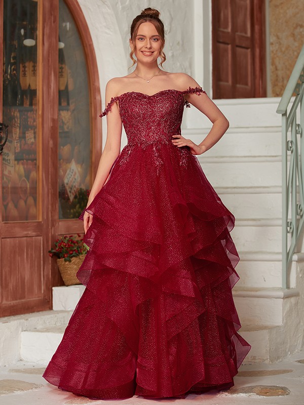 A-Line/Princess Applique Off-the-Shoulder Sleeveless Floor-Length Dresses 3335