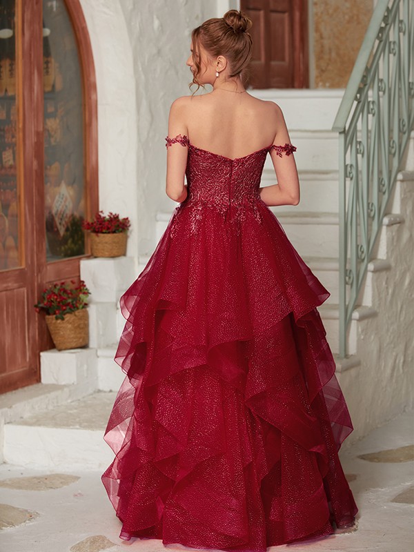 A-Line/Princess Applique Off-the-Shoulder Sleeveless Floor-Length Dresses 3335