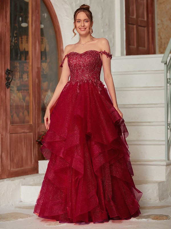 A-Line/Princess Applique Off-the-Shoulder Sleeveless Floor-Length Dresses 3335