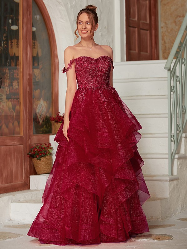 A-Line/Princess Applique Off-the-Shoulder Sleeveless Floor-Length Dresses 3335