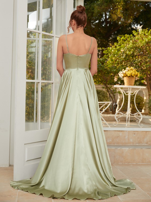 A-Line/Princess Silk like Satin Ruched Spaghetti Straps Sleeveless Sweep/Brush Train Dresses 4443