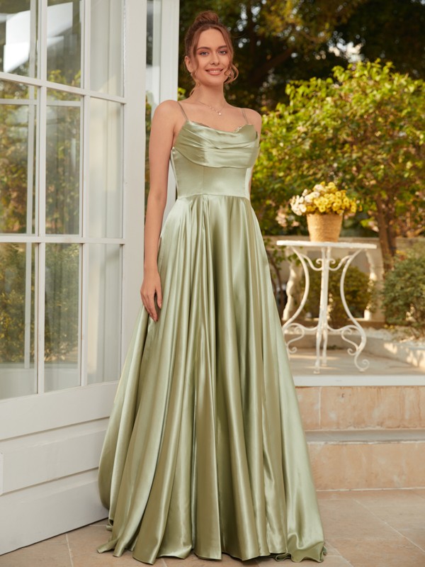 A-Line/Princess Silk like Satin Ruched Spaghetti Straps Sleeveless Sweep/Brush Train Dresses 4443