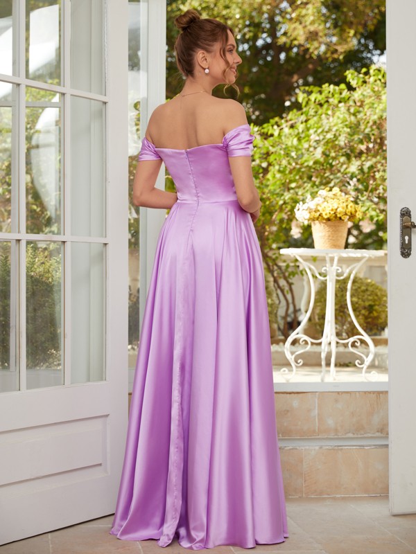 A-Line/Princess NS Elastic Woven Satin Ruched Off-the-Shoulder Sleeveless Floor-Length Dresses 3781