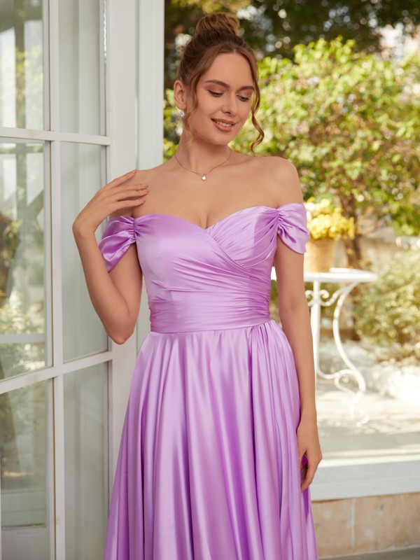 A-Line/Princess NS Elastic Woven Satin Ruched Off-the-Shoulder Sleeveless Floor-Length Dresses 3781