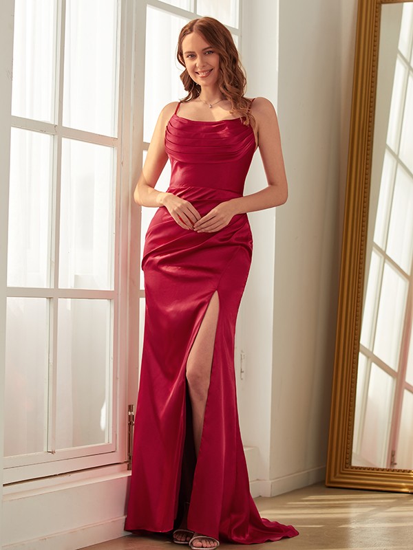 Sheath/Column Elastic Woven Satin Ruched Spaghetti Straps Sleeveless Sweep/Brush Train Dresses 5918