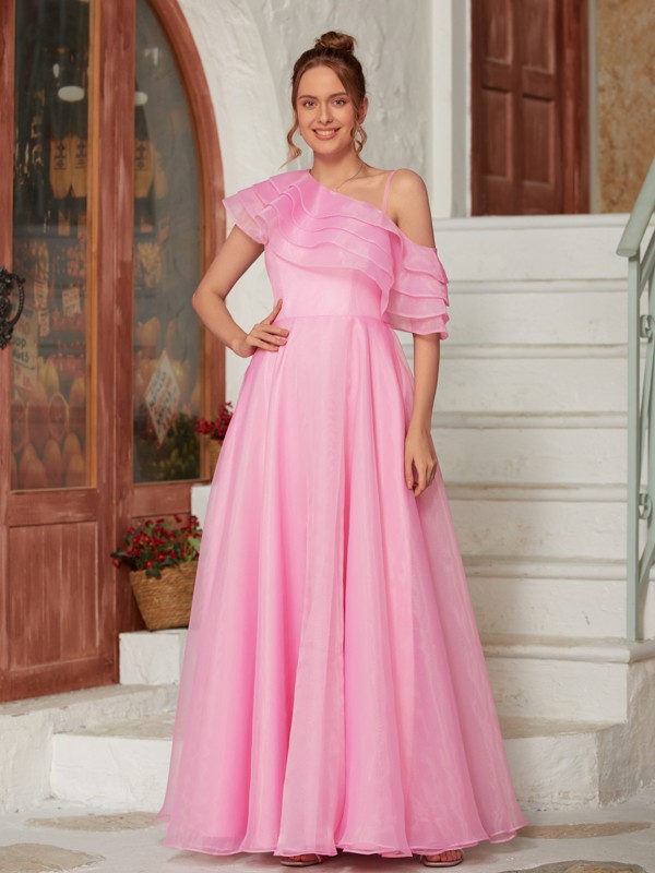 A-Line/Princess Organza Ruffles One-Shoulder Sleeveless Floor-Length Dresses 3951