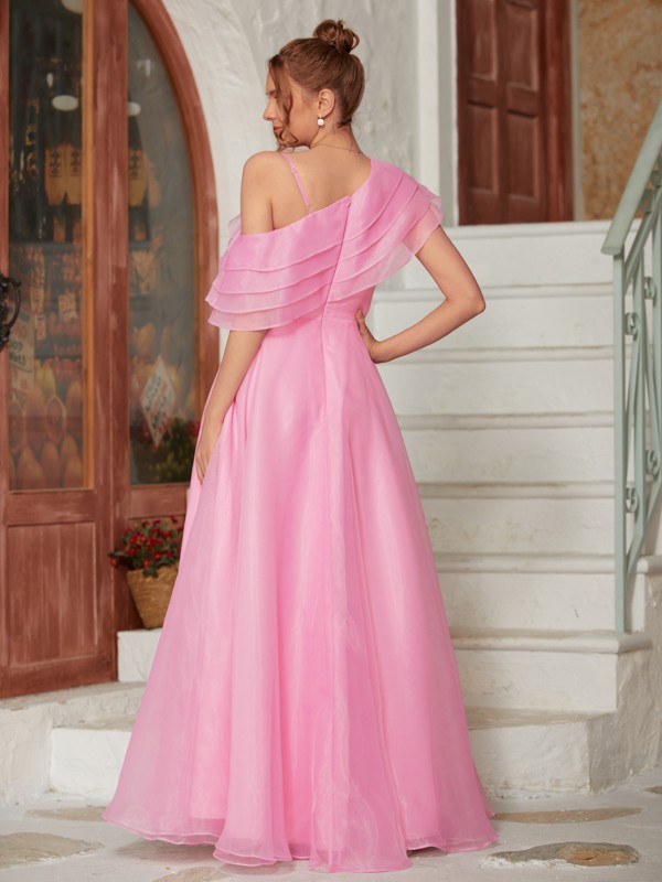 A-Line/Princess Organza Ruffles One-Shoulder Sleeveless Floor-Length Dresses 3951