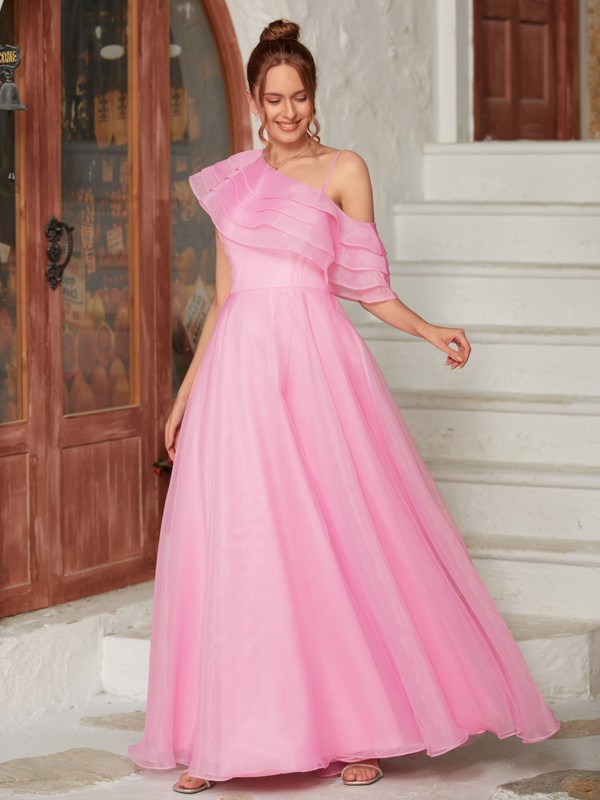 A-Line/Princess Organza Ruffles One-Shoulder Sleeveless Floor-Length Dresses 3951