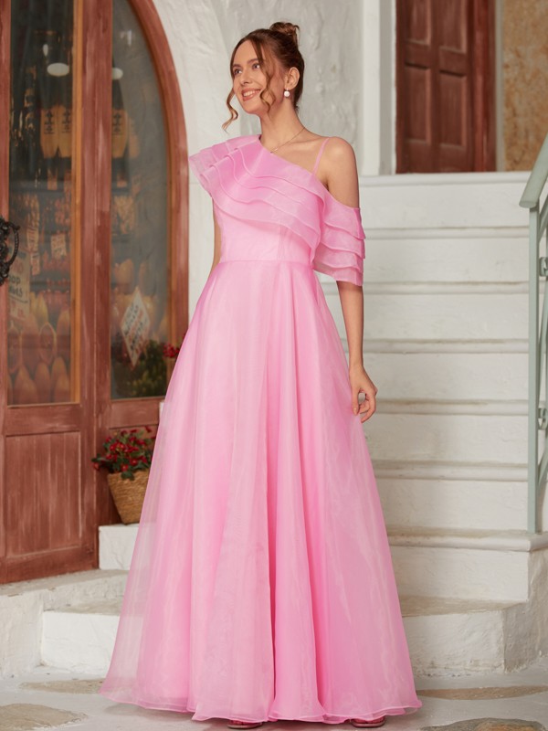 A-Line/Princess Organza Ruffles One-Shoulder Sleeveless Floor-Length Dresses 3951