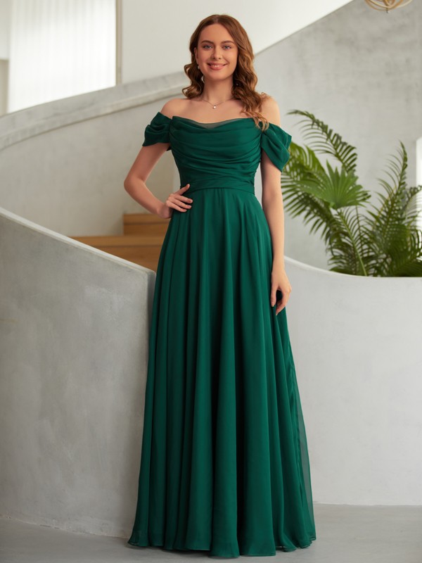 A-Line/Princess 30D Chiffon Ruched Off-the-Shoulder Sleeveless Floor-Length Dresses 3325