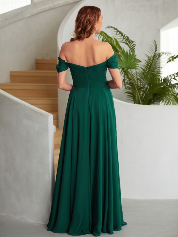 A-Line/Princess 30D Chiffon Ruched Off-the-Shoulder Sleeveless Floor-Length Dresses 3325