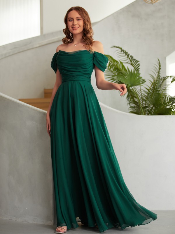 A-Line/Princess 30D Chiffon Ruched Off-the-Shoulder Sleeveless Floor-Length Dresses 3325