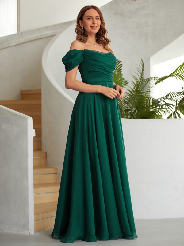 A-Line/Princess 30D Chiffon Ruched Off-the-Shoulder Sleeveless Floor-Length Dresses 3325