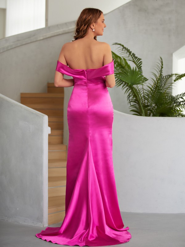 Sheath/Column Elastic Woven Satin Ruched Off-the-Shoulder Sleeveless Sweep/Brush Train Dresses 5896