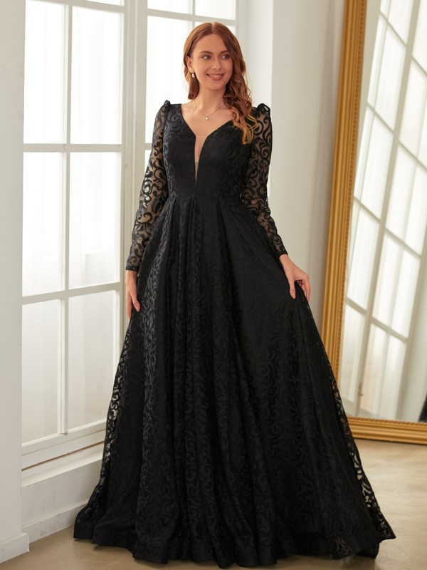 A-Line/Princess Lace Ruffles V-neck Long Sleeves Sweep/Brush Train Dresses 3739