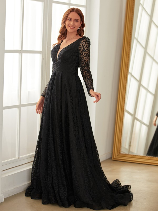 A-Line/Princess Lace Ruffles V-neck Long Sleeves Sweep/Brush Train Dresses 3739