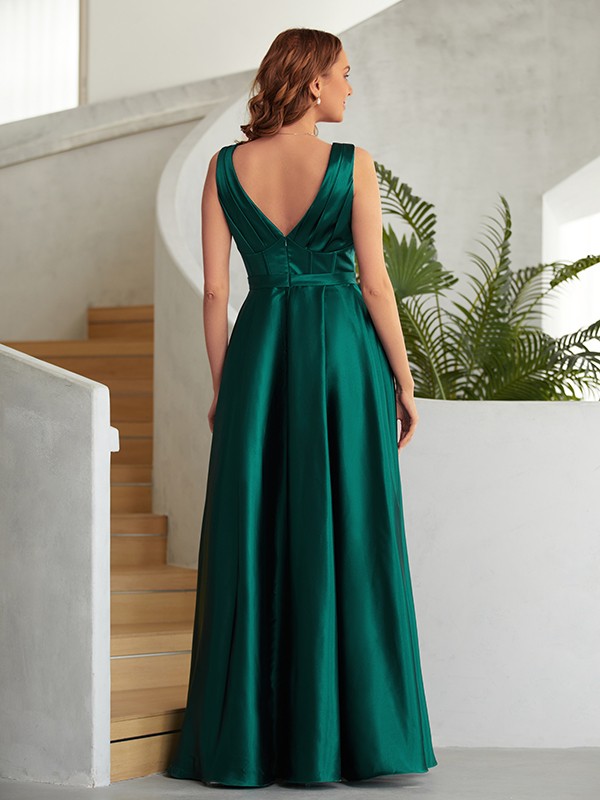 A-Line/Princess Elastic Woven Satin Ruched V-neck Sleeveless Floor-Length Dresses 3521