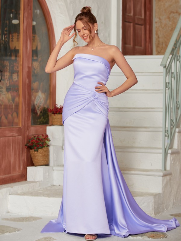 Sheath/Column Charmeuse Ruched Strapless Sleeveless Court Train Dresses 5864