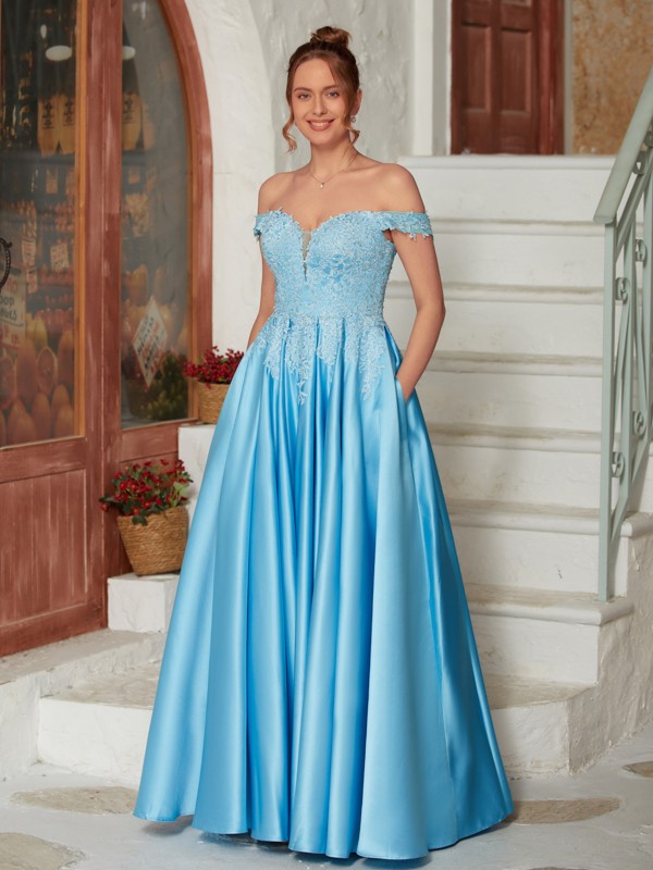 A-Line/Princess Satin Lace Off-the-Shoulder Sleeveless Floor-Length Dresses 4105