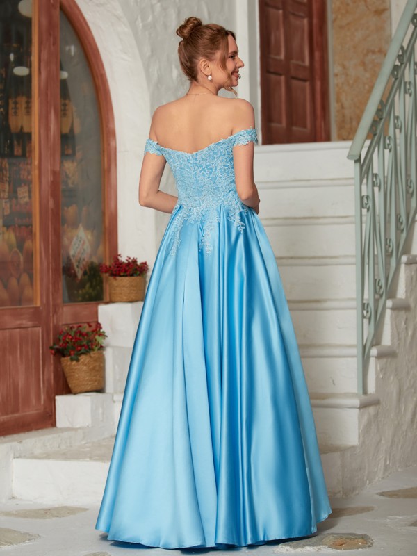 A-Line/Princess Satin Lace Off-the-Shoulder Sleeveless Floor-Length Dresses 4105