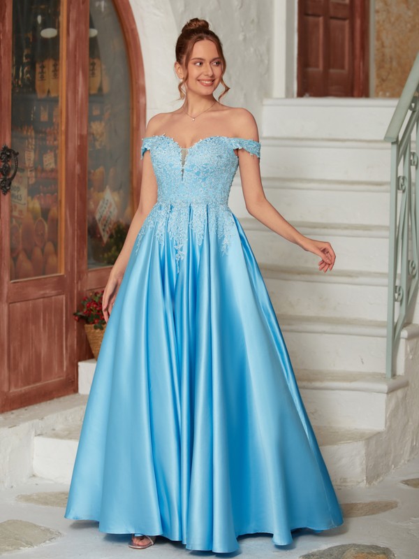 A-Line/Princess Satin Lace Off-the-Shoulder Sleeveless Floor-Length Dresses 4105