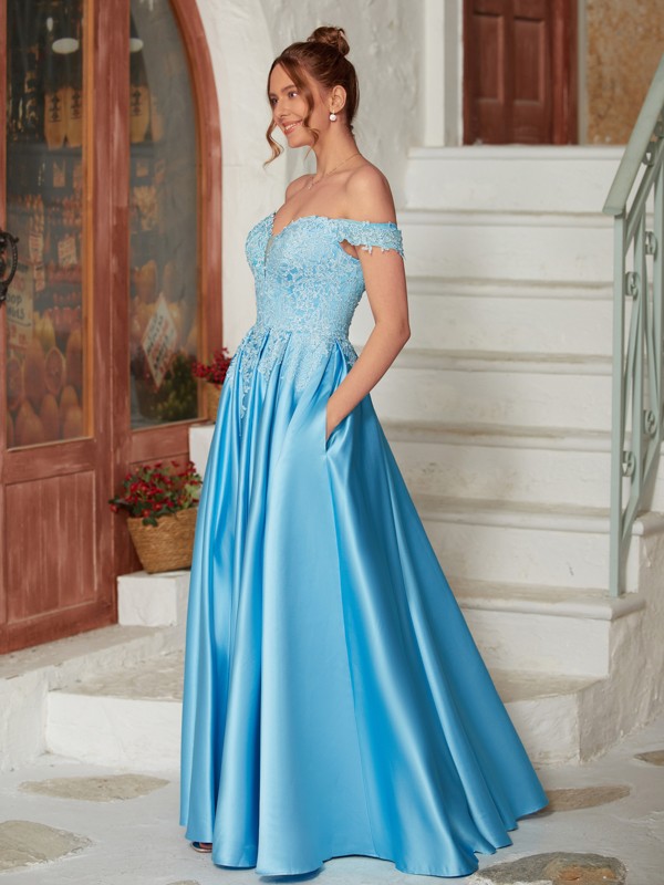 A-Line/Princess Satin Lace Off-the-Shoulder Sleeveless Floor-Length Dresses 4105