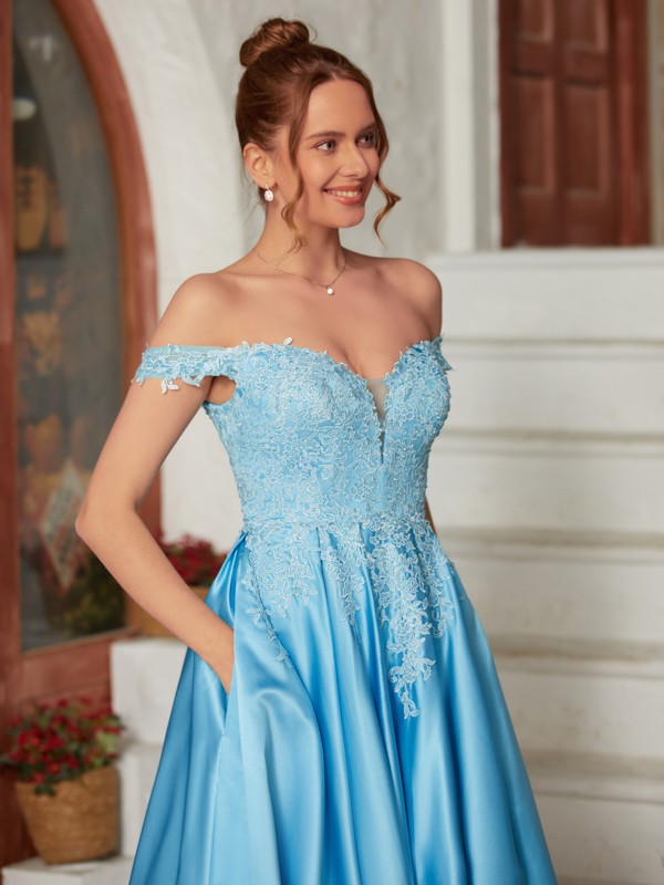 A-Line/Princess Satin Lace Off-the-Shoulder Sleeveless Floor-Length Dresses 4105