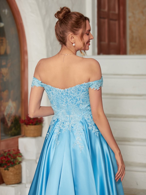 A-Line/Princess Satin Lace Off-the-Shoulder Sleeveless Floor-Length Dresses 4105