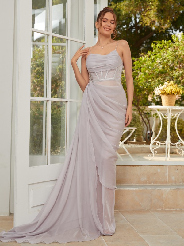 Sheath/Column 30D Chiffon Applique Spaghetti Straps Sleeveless Sweep/Brush Train Dresses 5834