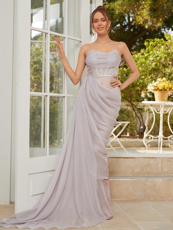 Sheath/Column 30D Chiffon Applique Spaghetti Straps Sleeveless Sweep/Brush Train Dresses 5834