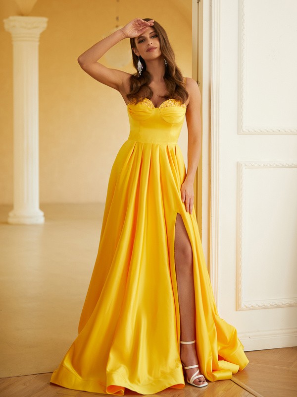 A-Line/Princess Satin Ruffles Spaghetti Straps Sleeveless Sweep/Brush Train Dresses 4190