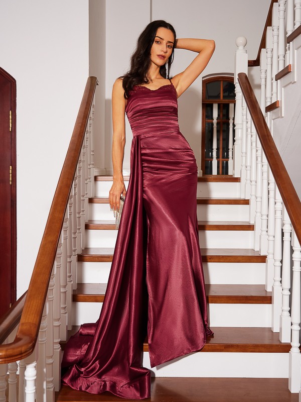 Sheath/Column Elastic Woven Satin Ruched Spaghetti Straps Sleeveless Sweep/Brush Train Dresses 5919