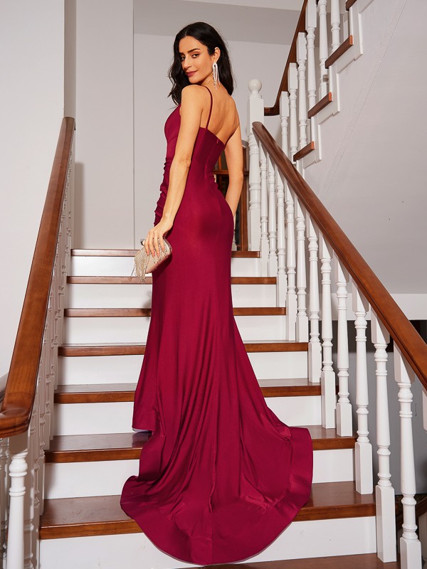 Sheath/Column Jersey Ruched One-Shoulder Sleeveless Court Train Dresses 6014