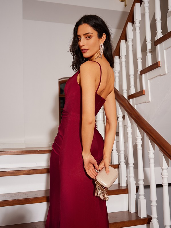 Sheath/Column Jersey Ruched One-Shoulder Sleeveless Court Train Dresses 6014