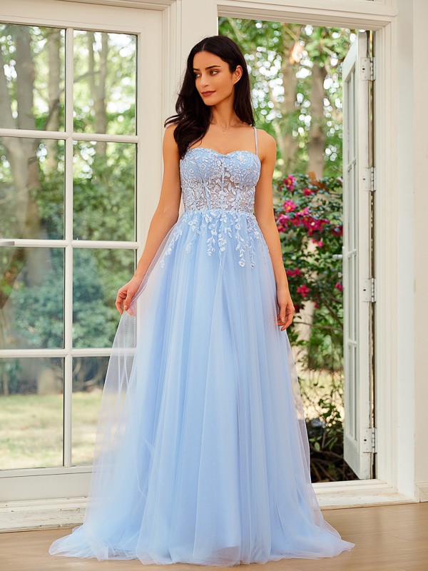 A-Line/Princess Tulle Lace Spaghetti Straps Sleeveless Sweep/Brush Train Dresses 5317