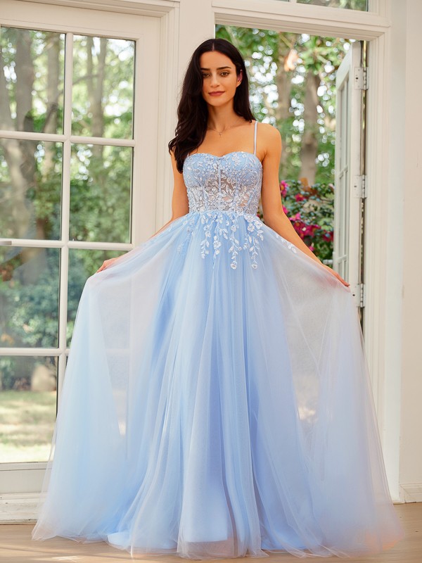 A-Line/Princess Tulle Lace Spaghetti Straps Sleeveless Sweep/Brush Train Dresses 5317