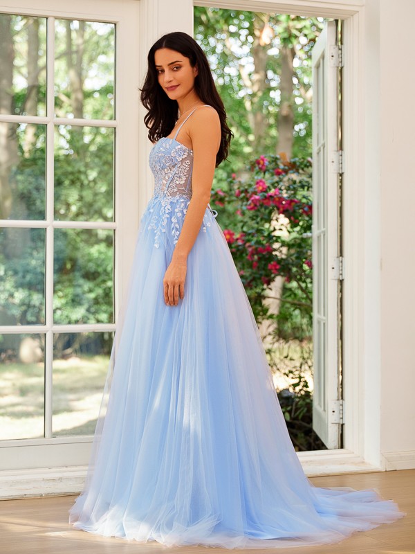 A-Line/Princess Tulle Lace Spaghetti Straps Sleeveless Sweep/Brush Train Dresses 5317